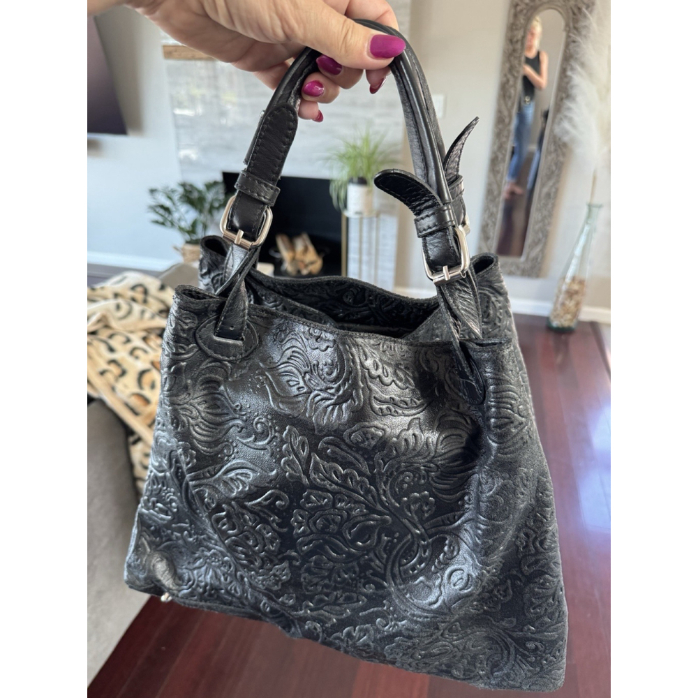 Isadora Italy Tooled Leather Purse Black Large Shoulder Bag Tote Swirls MSRP$425